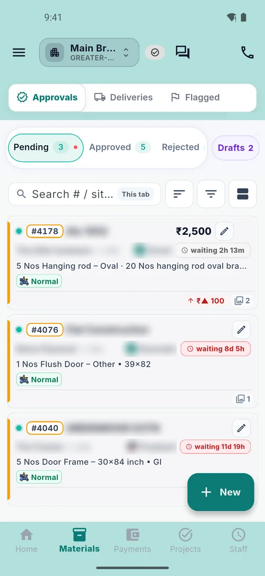 Trackovo material approvals screen