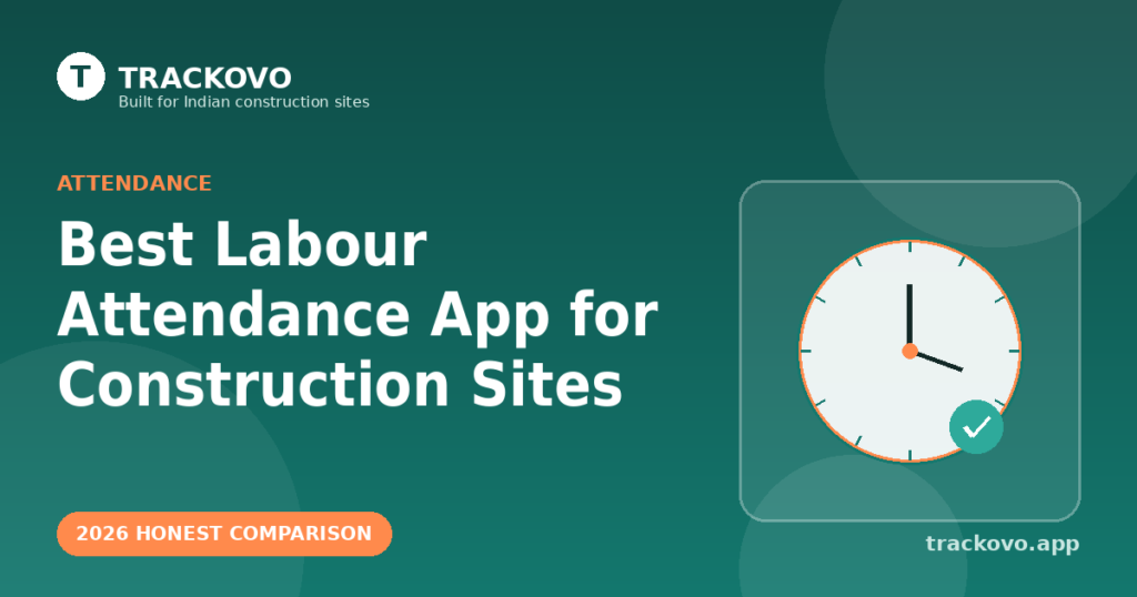 Trackovo blog cover for the 2026 honest comparison of labour attendance apps for construction sites in India, featuring a clock illustration with a green checkmark