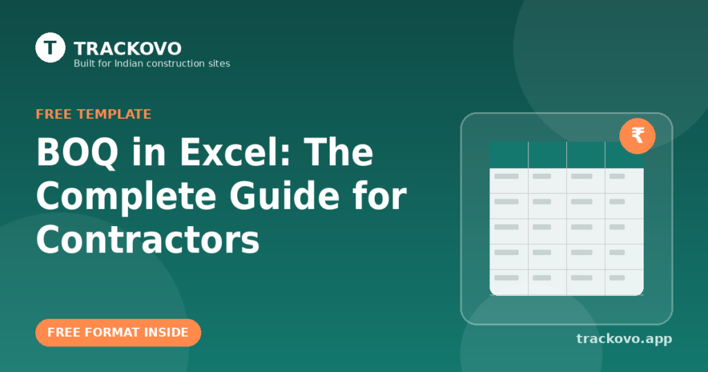 Trackovo blog cover for the complete BOQ in Excel guide for Indian contractors, showing a spreadsheet illustration with a rupee symbol badge