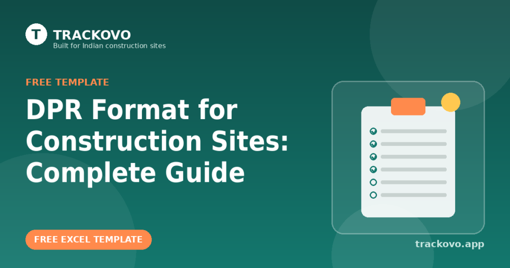 Trackovo blog cover for the Daily Progress Report format guide for construction sites, showing a clipboard illustration with checklist items and a sun icon