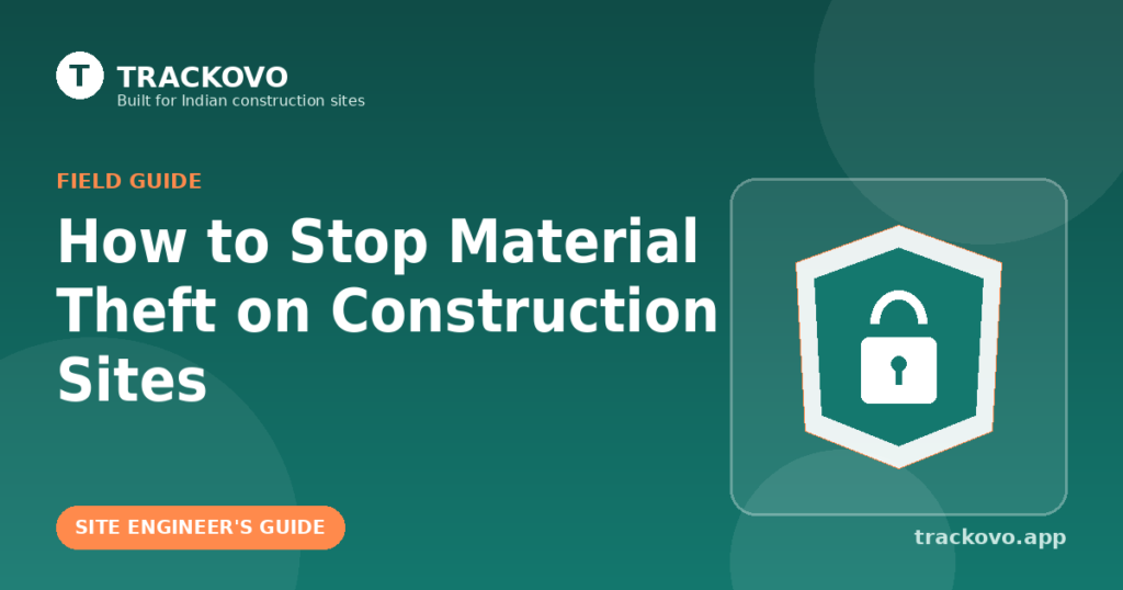 Trackovo blog cover for a site engineer's field guide on how to stop material theft on construction sites, showing a shield and padlock illustration
